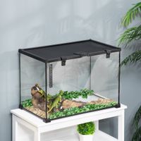 Terrarium für Reptilien Reptile Fütterungsbox Glasterrarium Amphibien Spinnentiere mit Thermometer Reptilienzuchtbox Metall Schwarz 50 x 30 x 35 cm