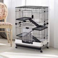 Kleintierkäfig mit 4 Räder, Käfig, 3 Öffnungen, 2 Plattformen, Metall Schwarz 81,2 x 52,7 x 110 cm