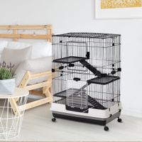 Kleintierkäfig mit 4 Räder, Käfig, 3 Öffnungen, 2 Plattformen, Metall Schwarz 81,2 x 52,7 x 110 cm