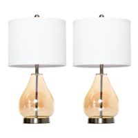 2-Set Tischlampen Tischleuchten E27-Fassung Nachttischlampe 40 W Glas Leinen Stahl Bernstein Ø30 x 56H cm