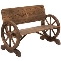 Gartenbank mit Armlehne, Sitzbank mit Wagenräder-Design, Gartenmöbel, Rustikale Bank, Massivholz, Braun, 114 x 58 x 80 cm