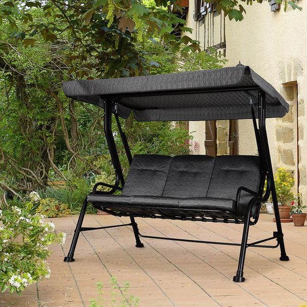 Hollywoodschaukel 3-Sitzer Gartenschaukel Sonnendach Texteline Schwarz