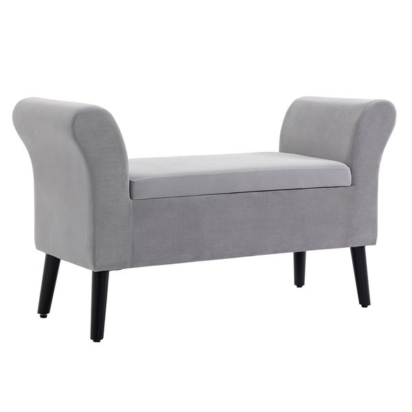 Sitzbank mit Stauraum Armlehnen modern samtartiges Polyester Gummiholz Hellgrau 111,5x41x65 cm