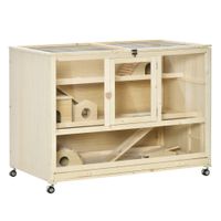 Hamsterkäfig Nagerkäfig 3 Etagen Mäusekäfig mit 3 Öffnungen 4 Räder Dreistöckig Tannenholz organisches Glas Natur 110 x 60 x 80 cm