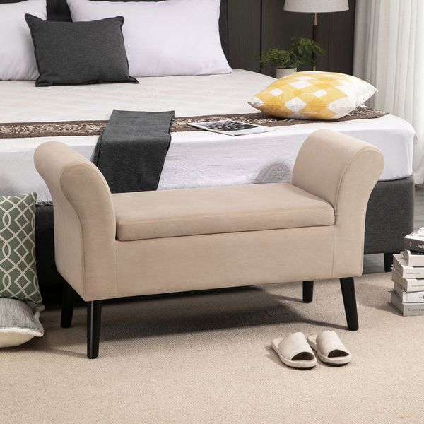 Sitzbank mit Stauraum Armlehnen modern samtartiges Polyester Gummiholz Beige 111,5 x 41 x 65 cm