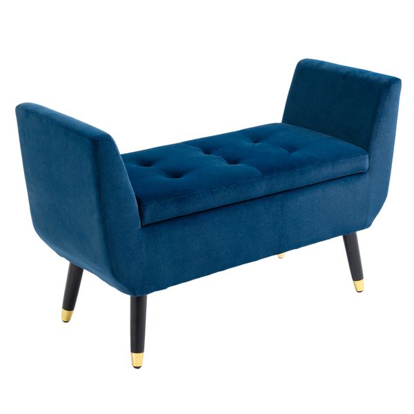 Luxus Sitzbank Polsterbank mit Stauraum Samtartiges Polyester Gummiholz Blau 107 x 42 x 65 cm