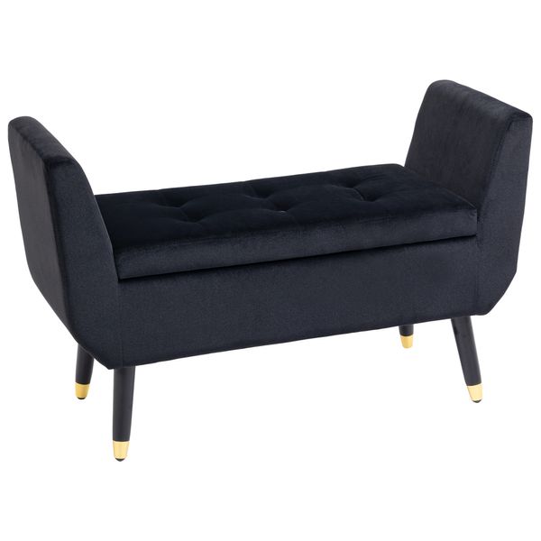 Luxus Sitzbank Polsterbank mit Stauraum Samtartiges Polyester Gummiholz Schwarz 107 x 42 x 65 cm