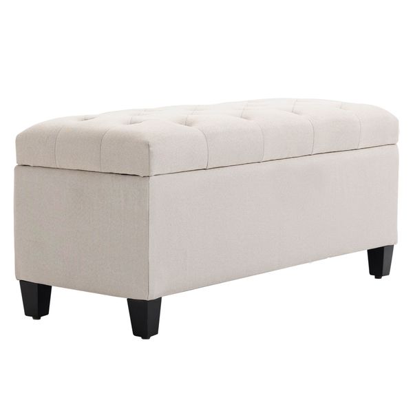 Sitzbank Polsterbank mit Stauraum leinenartiges Polyester Gummiholz Cremeweiß 100 x 40 x 44 cm