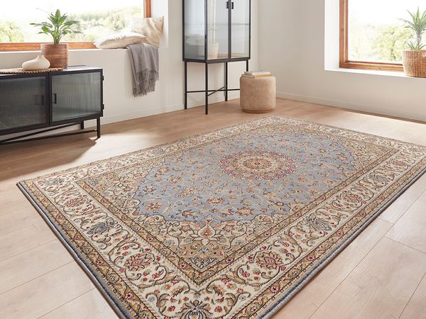 Klassischer Kurzflor Teppich Amina Medaillon 27008 Farbe Blau 240 x 320 cm