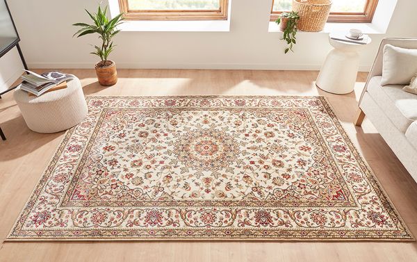 Klassischer Kurzflor Teppich Amina Medaillon 27008 Farbe Beige 60 x 110 cm
