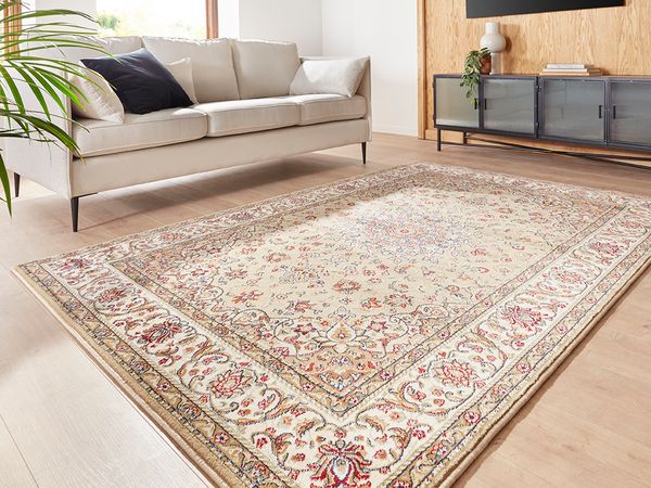 Klassischer Kurzflor Teppich Amina Medaillon 27008 Farbe Hellbeige 120 x 170 cm