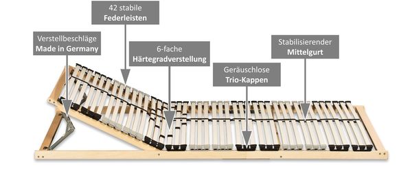 7-Zonen Premium-Lattenrost 42 Leisten Kopfteil verstellbar 100 x 200 cm