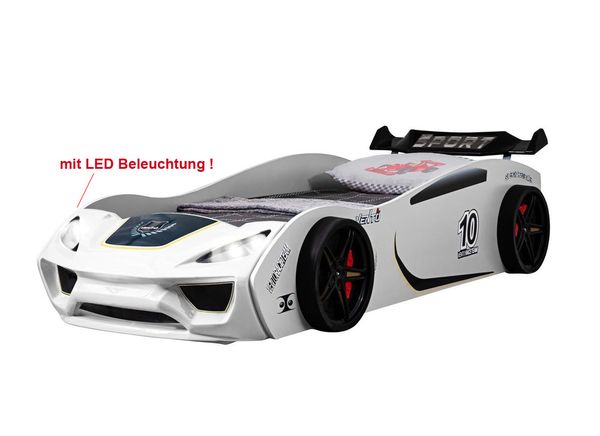 Autobett TURBO V2 Weiß Kinderbett im Rennwagen-Design mit Lattenrost