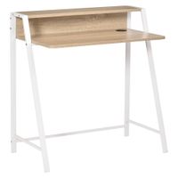 Schreibtisch Computertisch Bürotisch Arbeitstisch mit Ablagefach Kabeldurchlass Metall Weiß+Eiche 84 x 45 x 85 cm