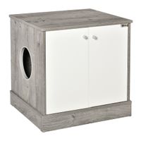 Katzenschrank für katzentoilette Katzenklo Katzenhaus mit Türöffnung PB-Platte Graue Eiche+Weiß 60 x 55 x 62,5 cm