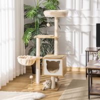 Kratzbaum Katzenbaum mit Katzenhöhle Plattform Höhe 126 cm Kletterbaum aus Holz Katzenkratzbaum Spanplatte Sisal Kurzplüsch Beige 48 x 40 x 126 cm