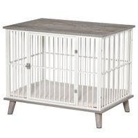 Hundekäfig aus Holz mit Kissen Hundebox in erhöhtem Design Weiß+Grau