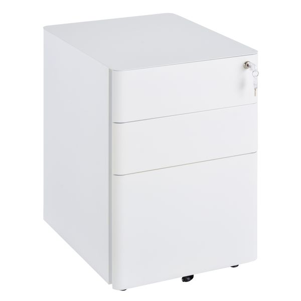 Rollcontainer mit 3 Schubladen, Büroschrank, Aufbewahrung, Stahl, Weiß, 39 x 48 x 59 cm