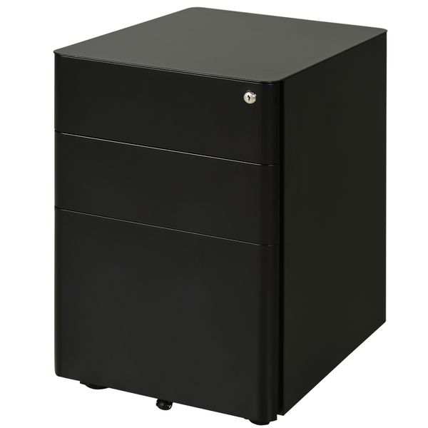Rollcontainer mit 3 Schubladen, Büroschrank, Aufbewahrung, Stahl, Schwarz, 39 x 48 x 59 cm
