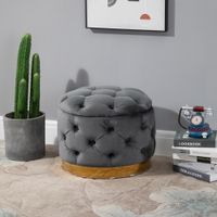 Vintage Hocker, Polsterhocker, Stoff, Metall, Schaumstoff, Pappelholz, Kohlegrau, 55 x 55 x 42 cm