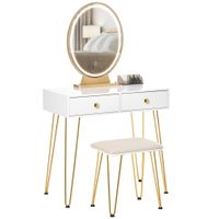 Schminktisch Set Frisierkommode Kosmetiktisch mit einstellbarer LED-Beleuchtung Spiegel gepolsterten Hocker 2 Schubladen und 1 Lippenstiftraster MDF Stahl Schaumstoff Weiß 80 x 40 x 136 cm