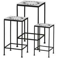 Blumenständer 3er Set aus Metall Pflanzenständer Set keramische Fliesen Blumenhocker Blumentopfhalter Stapelbar Pflanzenhocker für Blumentopf Schwarz+Grau