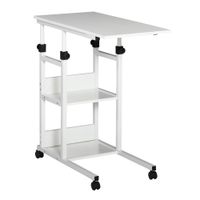 Beistelltisch Couchtisch mit Rollen, Nachttisch für Esszimmer Wohnzimmer, höhenverstellbar, 2 untere Regale, E1 Spanplatte, Metall, Weiß, 80x40x72-82 cm