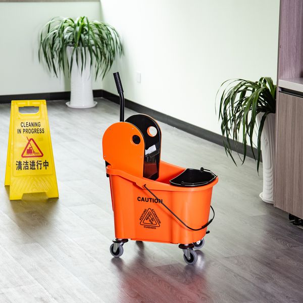 Reinigungswagen Fahreimer Putzeimer Wischwagen mit Auswringvorrichtung 36 Liter, Schwarz+Orange, 54 x 41 x 91,5 cm