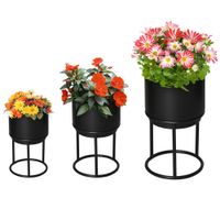 3er Set Blumenständer mit Blumentopf aus Metall Pflanzenständer Set Blumenhocker Blumentopfhalter Pflanzenhocker Schwarz