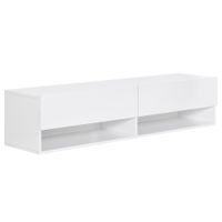 TV Schrank, Hängeschrank, Wandschrank, TV-Kommode, TV-Ständer, Lowboard, Moderner Fernsehtisch mit Klappfächer und Offene Regale, Spanplatte, Weiß, 140 x 32 x 31 cm