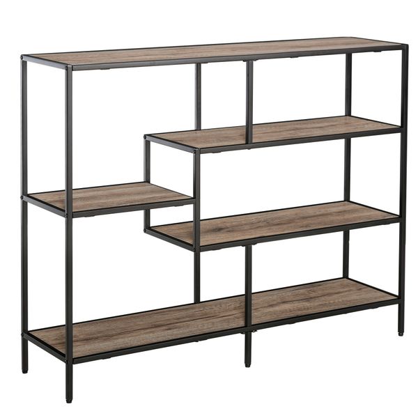 Standregal Bücherregal Industrieller Stil, P2 Spanplatte, Metall, Schwarz+helle Eiche, 120x32x95cm