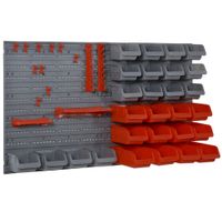 Wandregal mit Stapelboxen 44 tlg Werkzeuglochwand Werkzeughalter Werkzeugwand für Werkstatt Sichtlagerkästen Hakenset PP Rot+Grau 63,5x22,5x95,5 cm