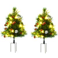 2-er Set Weihnachtsbäume Mini Künstlicher Christbaum mit Tannenzapfen und rote Beere, Kugeln und Warmweiß LED-Lichtern IP44 Grün PVC Metall Ø33 x 75 cm