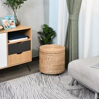 Sitzhocker mit Stauraum, Aufbewahrungsbox, Deckel Abnehmbar, Stroh Rattan, Khaki, Ø43 x 43 cm