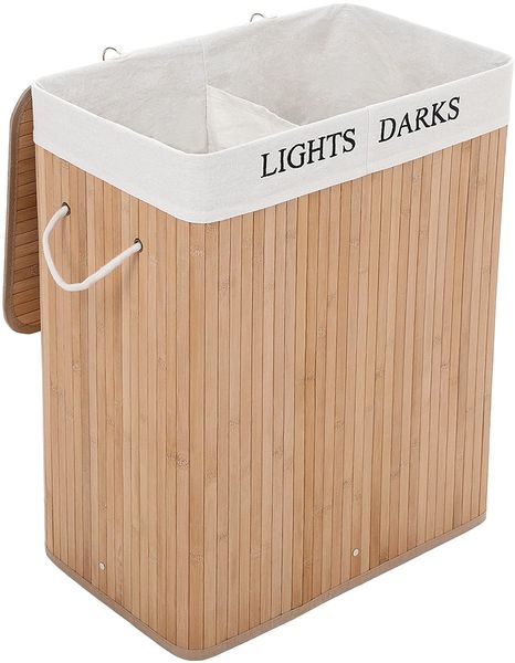 Groß 100L Bambus Faltbar Wäschekorb mit 2 Fächern