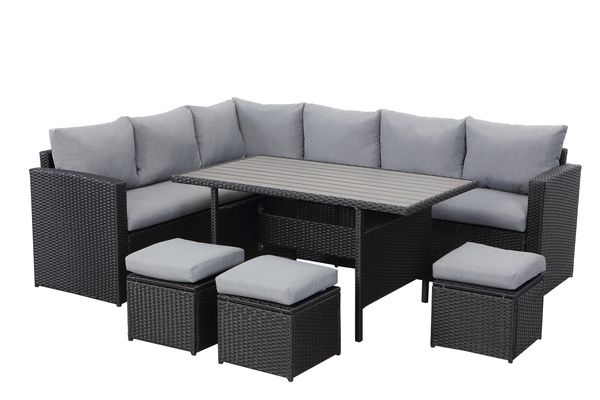 Lounge Set Polyrattan Gartenmöbel 7-teile für 6-9 Personen Garten & Balkon (schwarz & grau)