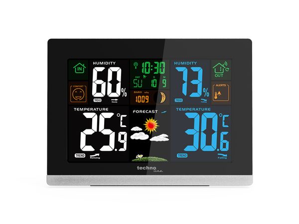 WS 6462 Funkwetterstation, Innentemperatur, Außentemperatur, Luftfeuchte, Luftdruck, Tendenzanzeige, Taupunkt, Farbdisplay, Funkuhr, Mondphasen hochglanz-schwarz,quer