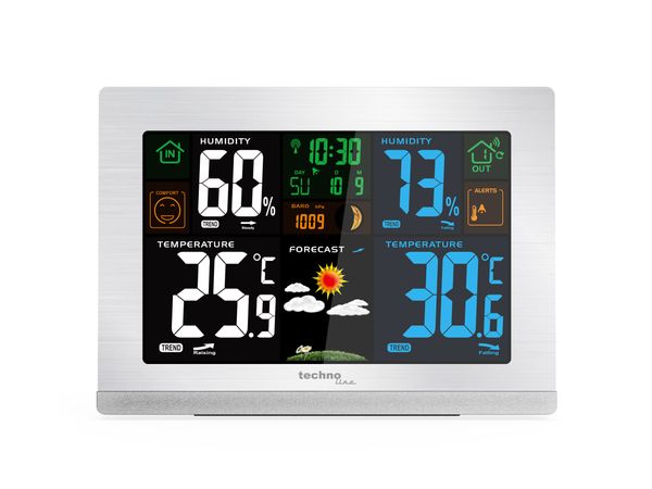 WS 6462 Funkwetterstation, Innentemperatur, Außentemperatur, Luftfeuchte, Luftdruck, Tendenzanzeige, Taupunkt, Farbdisplay, Funkuhr, Mondphasen, silber,quer