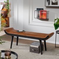 Sitzbank Echtleder / Holz Polsterbank 125x51x38 cm Bettbank Flurbank