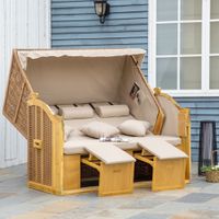 Strandkorb 3-Sitzer Dach 2 Klapptische Fußstütze 5-stufige Rückenlehne Polyrattan 150x79x160cm