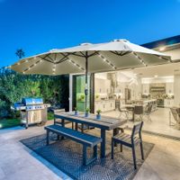 Sonnenschirm mit LED Solar 4,5m Doppelsonnenschirm Terrassenschirm Oval Hellgrau+Schwarz