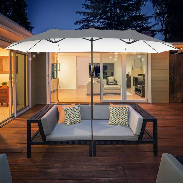 Sonnenschirm mit LED Solar 4,5m Doppelsonnenschirm Terrassenschirm Oval Schwarz+Cremeweiß