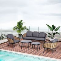 Polyrattan Gartenmöbel Set 5-teiliges Sitzgruppe Lounge Teetisch mit Sofa Kissen Aluminium Natur