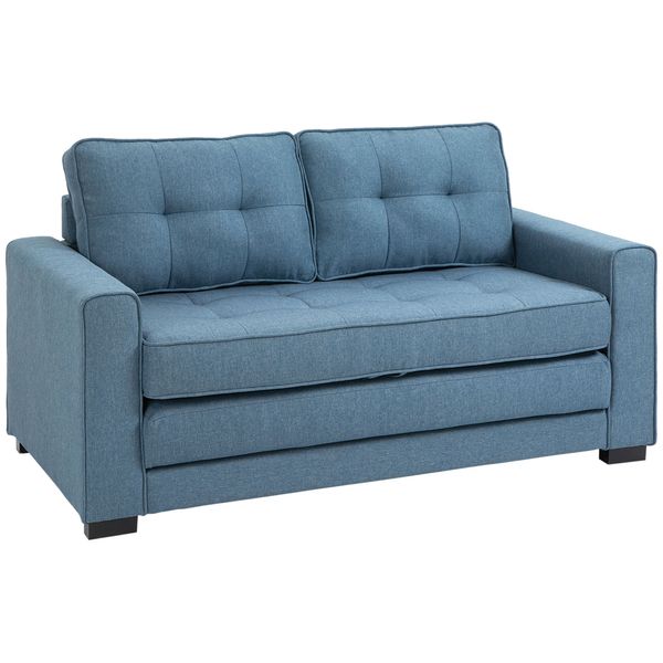 Klappsofa 2-Sitzer Stoffsofa mit Schlaffunktion Leinen-Touch Gummiholz Blau 147,5x75x85cm