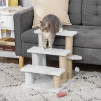 Haustiertreppe mit Kratzbaum Ball 3-stufige Katzentreppe Hundetreppe Tiertreppe Spanplatte Plüsch Jute Weiß 45 x 40 x 48 cm