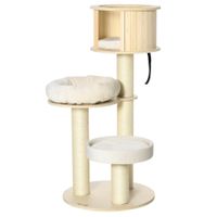Kratzbaum Katzenbaum für Katzen mit drei Ebenen Kletterbaum aus Holz mit Katzenhöhle Sisalstämmen großer Plattform Spielbälle 122 cm Höhe stabil Plüsch Natur+Creme 59,5 x 59,5 x 122 cm