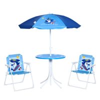 4 tlg. Kindersitzgruppe Garten Gartentisch 2 Klappstühle Sonnenschirm Camping Kindersitzgarnitur Gartenmöbel für 3-6 Jahre Blau