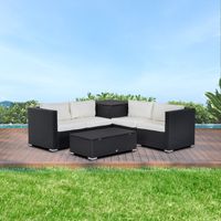 6 tlg. Polyrattan Gartenmöbel Set mit Kissen Lounge Tisch mit Stauraum Stahl Luxus Schwarz+Creme