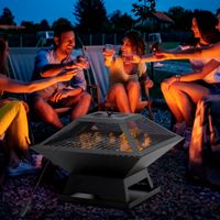 Feuerschale mit Funkenschutz Grillrost Schürhaken für Garten Camping BBQ Stahl Schwarz 45x45x34cm