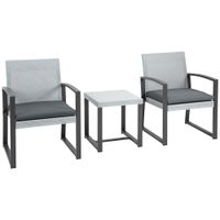 Polyrattan Bistroset 3-tlg. Balkonmöbel Set mit Beistelltisch mit Sitzkissen Stahl Schwarz+Grau